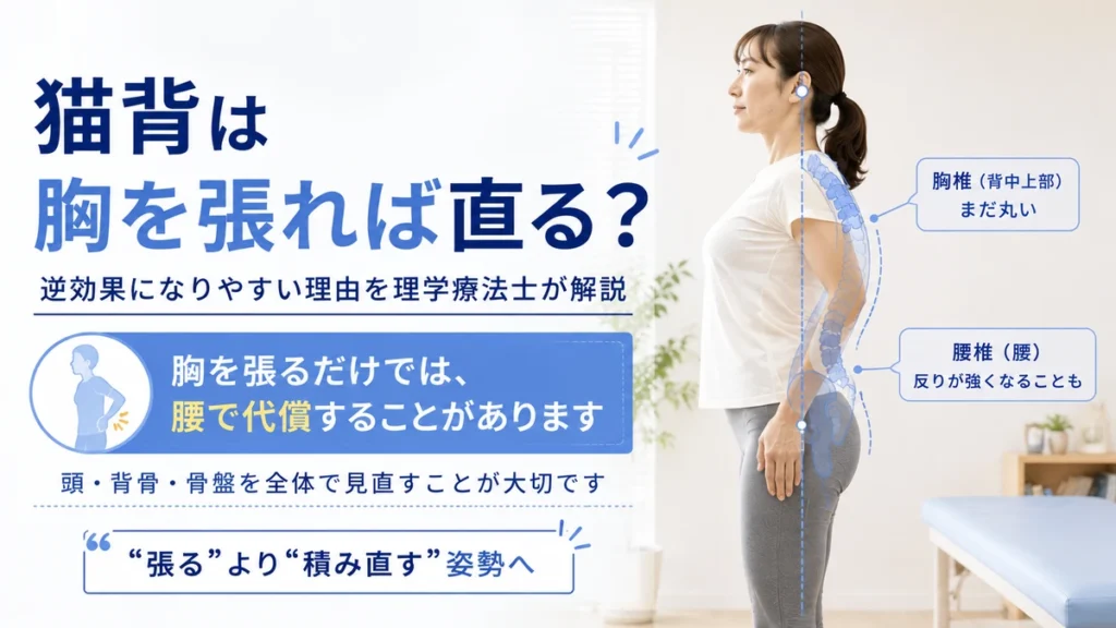 猫背を直そうと胸を張った時に腰で代償することがある仕組みを示した画像