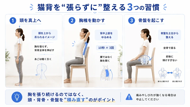 猫背を胸を張らずに整える頭の位置と胸椎運動と骨盤調整のセルフケア画像