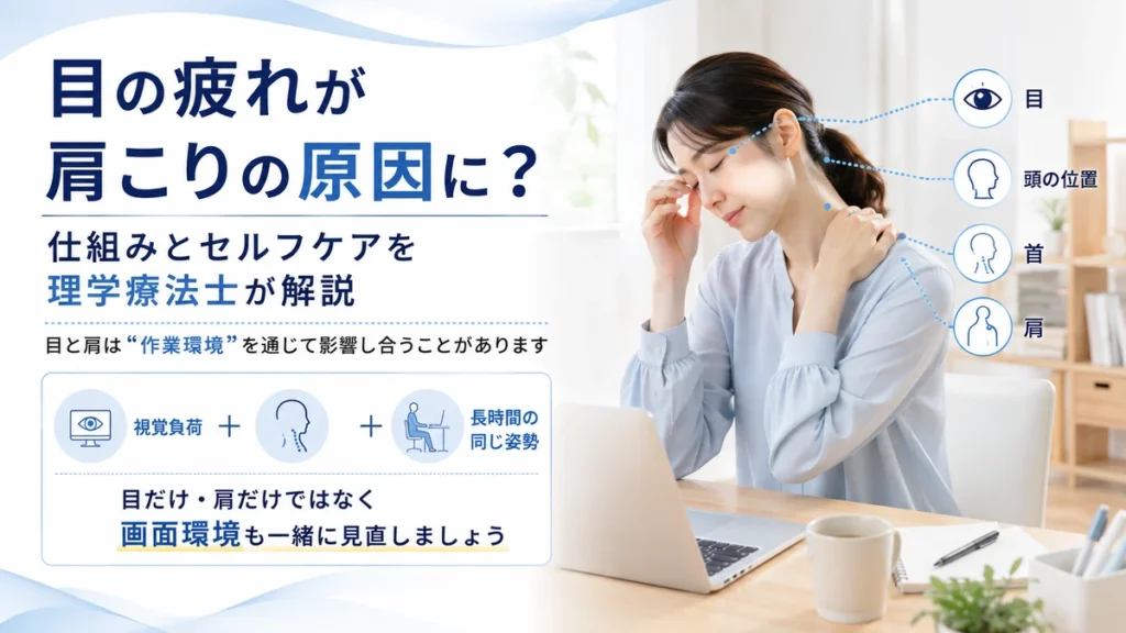 目の疲れと肩こりの関係をデスクワーク時の視覚負荷や姿勢から解説する画像