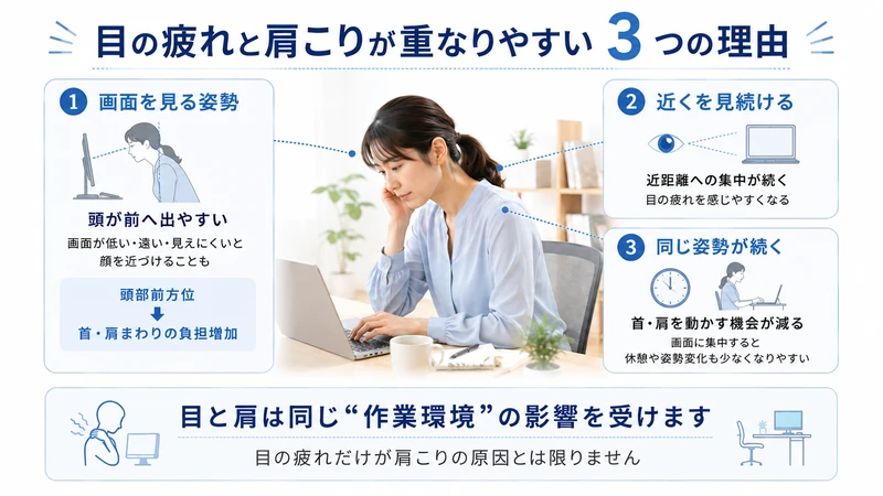 デスクワークで目の疲れと肩こりが重なりやすい画面姿勢近距離作業長時間同一姿勢の3要因を示した図解