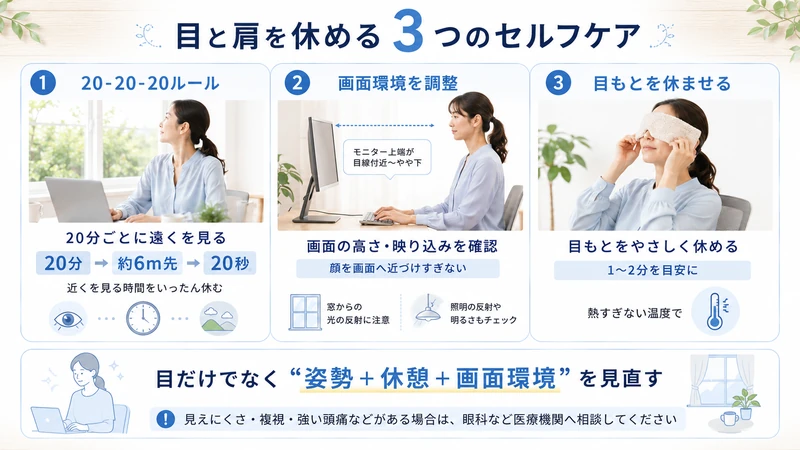 目の疲れと肩こり対策として20-20-20ルール画面環境調整目元を休める3つのセルフケア