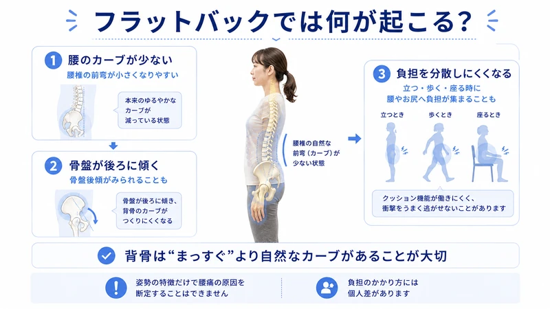 フラットバックで腰椎の前弯が少なく骨盤後傾や腰への負担につながる仕組みを示した図解
