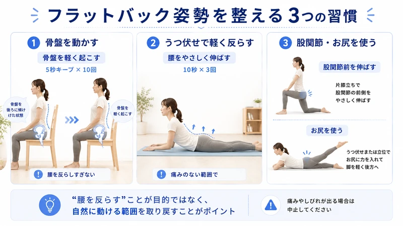 フラットバック姿勢を整える骨盤運動と腰のやさしい伸展と股関節お尻のセルフケア画像