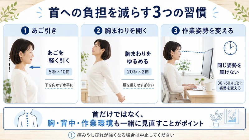 首猫背とストレートネックの首への負担を減らすあご引き胸のストレッチ作業姿勢の3つのセルフケア