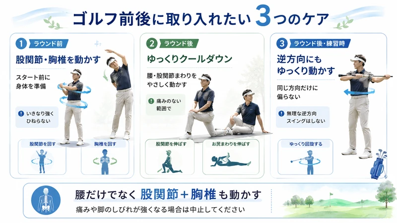 ゴルフ前後に行う股関節と胸椎のウォームアップクールダウン逆方向への軽い回旋運動