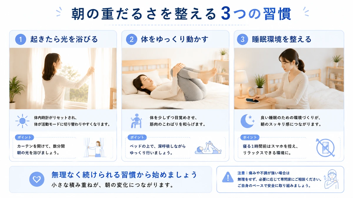 朝の重だるさ改善のための朝日を浴びる軽い運動睡眠環境改善のセルフケア画像