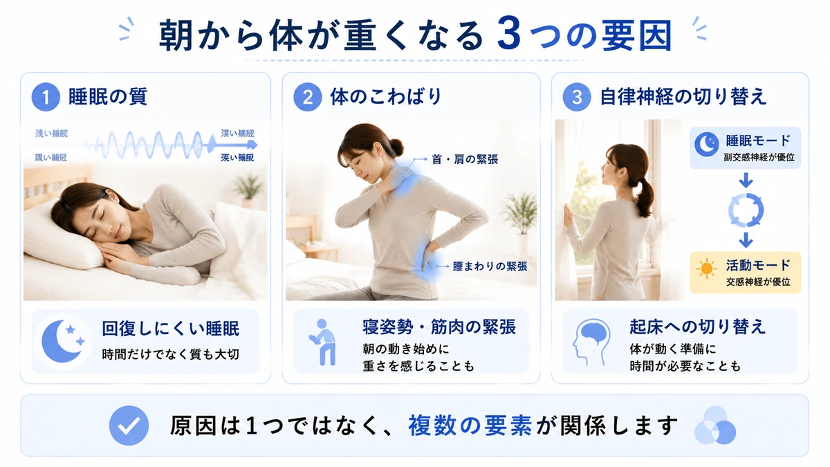 朝から体が重くなる睡眠の質や体のこわばりなど3つの要因を示した医療教育図解