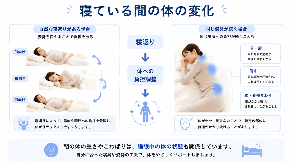 睡眠中の寝返りと同じ姿勢による体への負担を説明する医療教育画像