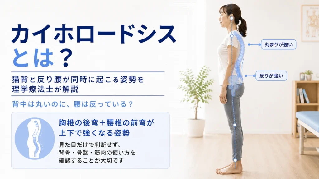カイホロードシス姿勢で胸椎の丸まりと腰椎の反りが同時に強くなる特徴を示した画像