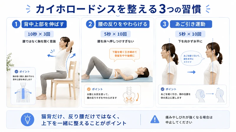 カイホロードシス姿勢を整える背中の運動と骨盤運動とあご引き運動のセルフケア画像