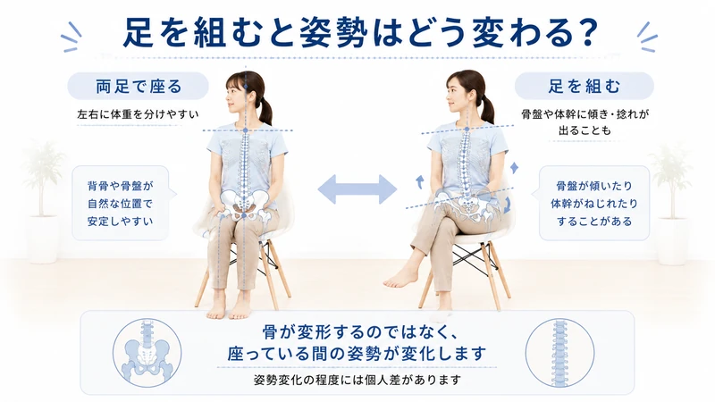 両足で座る姿勢と足を組んだ姿勢で骨盤や体幹の傾きを比較した図解