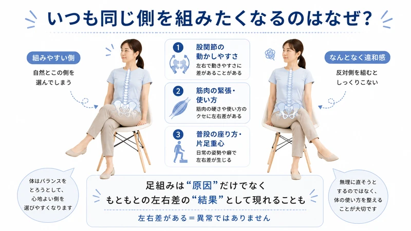 いつも同じ側の足を組みやすい理由として股関節や筋肉や座り方の左右差を説明した図解