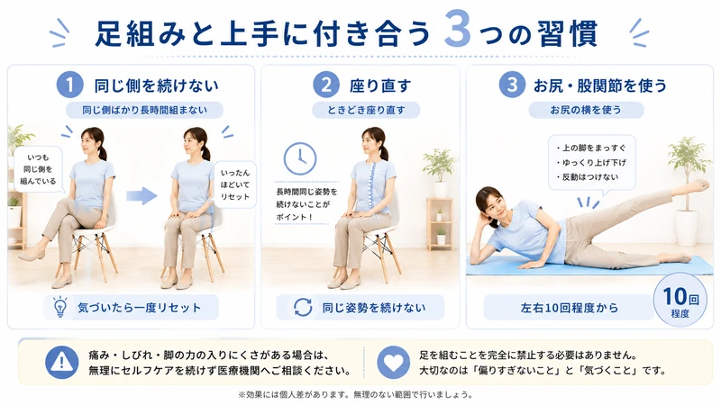 足を組む癖への対策として座り直しや股関節運動を紹介するセルフケア画像