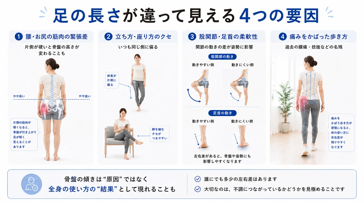 足の長さが違って見える原因として筋緊張・姿勢・関節の動き・歩き方を示した図
