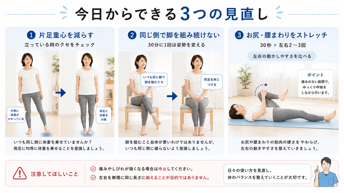 足の長さの左右差に対する片足重心・座り方・お尻のストレッチの見直し