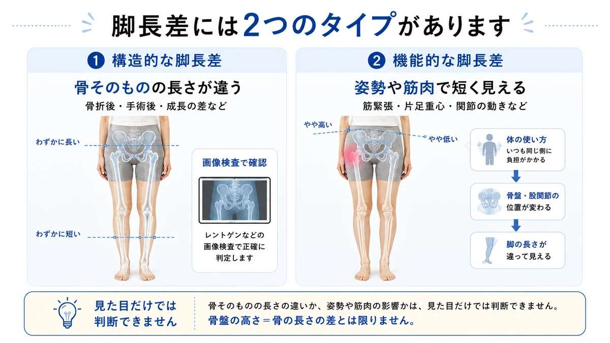 構造的脚長差と機能的脚長差の違いを示した図