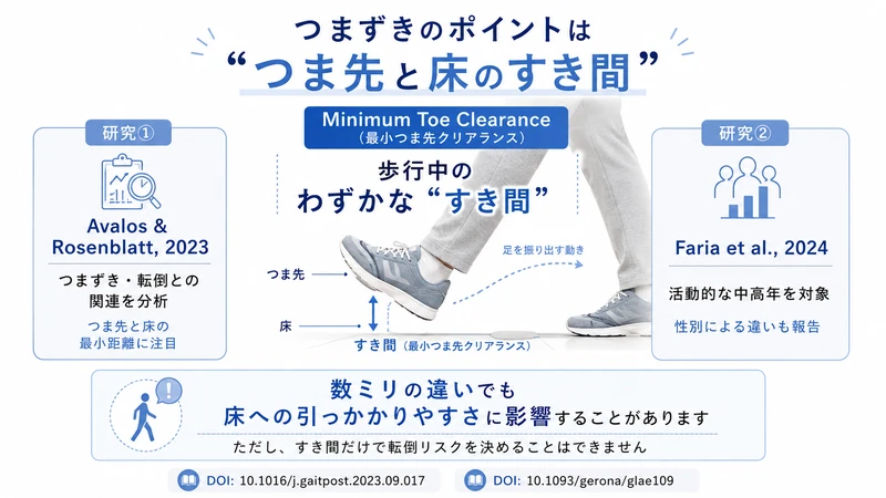 歩行中のつま先と床の最小距離であるミニマムトウクリアランスとつまずきの研究を示した図解