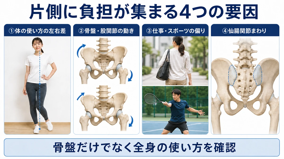 片側腰痛に関係する体の使い方・骨盤と股関節・仕事動作・仙腸関節の図解