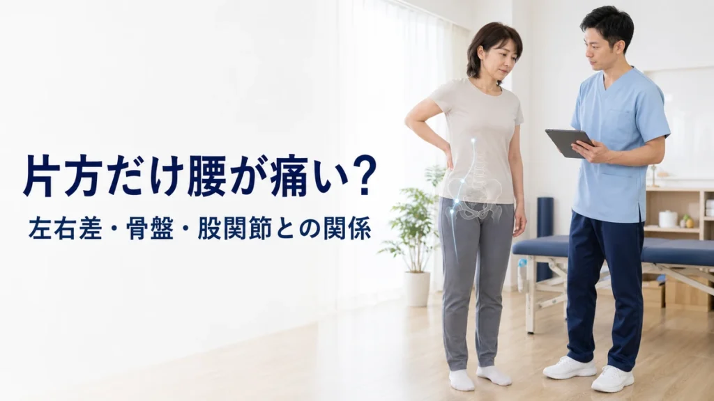 片方だけ腰が痛む女性を理学療法士が姿勢や骨盤・股関節から評価している様子