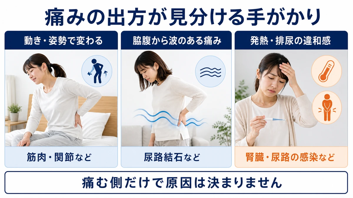 動作で変わる腰痛と尿路結石や感染が疑われる片側腰痛の特徴を比較した図