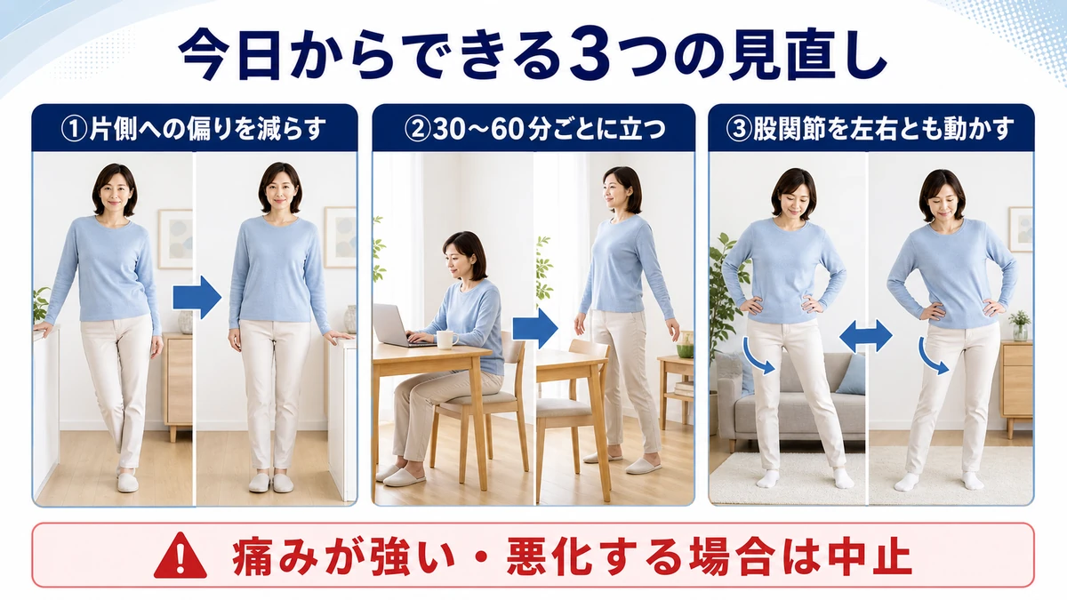 片側腰痛への対策として重心・座る時間・股関節の動きを見直す方法
