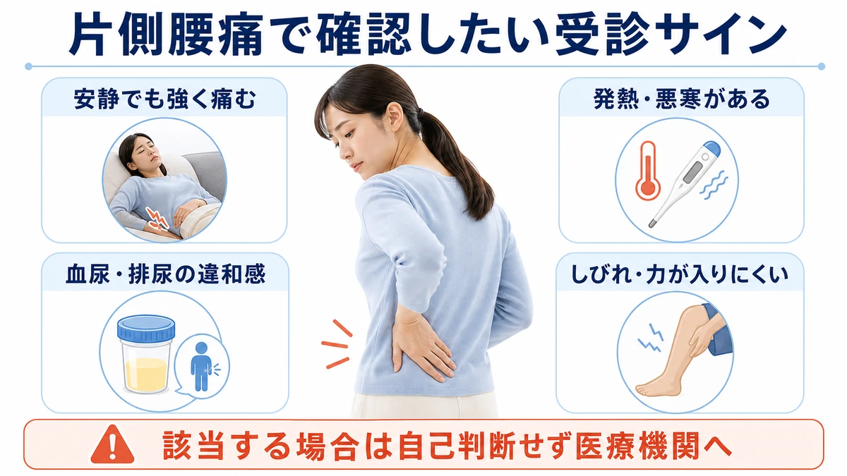 片側腰痛で医療機関への相談を検討したい発熱・血尿・しびれなどの症状