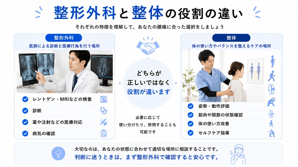整形外科と整体の役割の違いを比較した医療教育インフォグラフィック