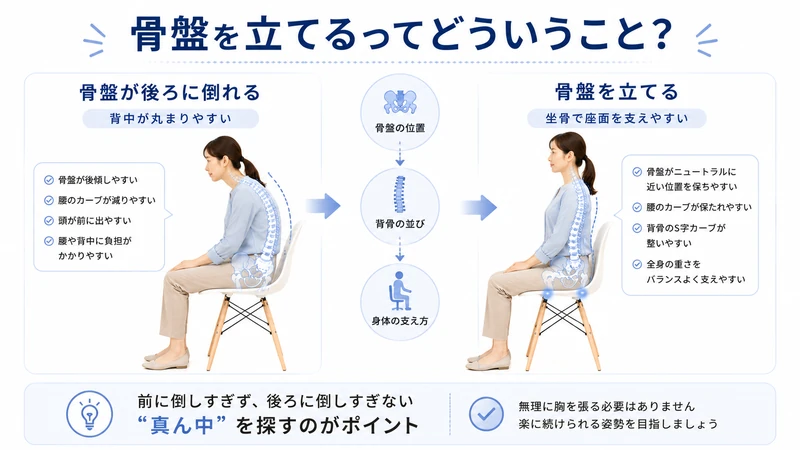 骨盤が後ろに倒れた座り方と骨盤を自然に立てた座り方を比較した図解