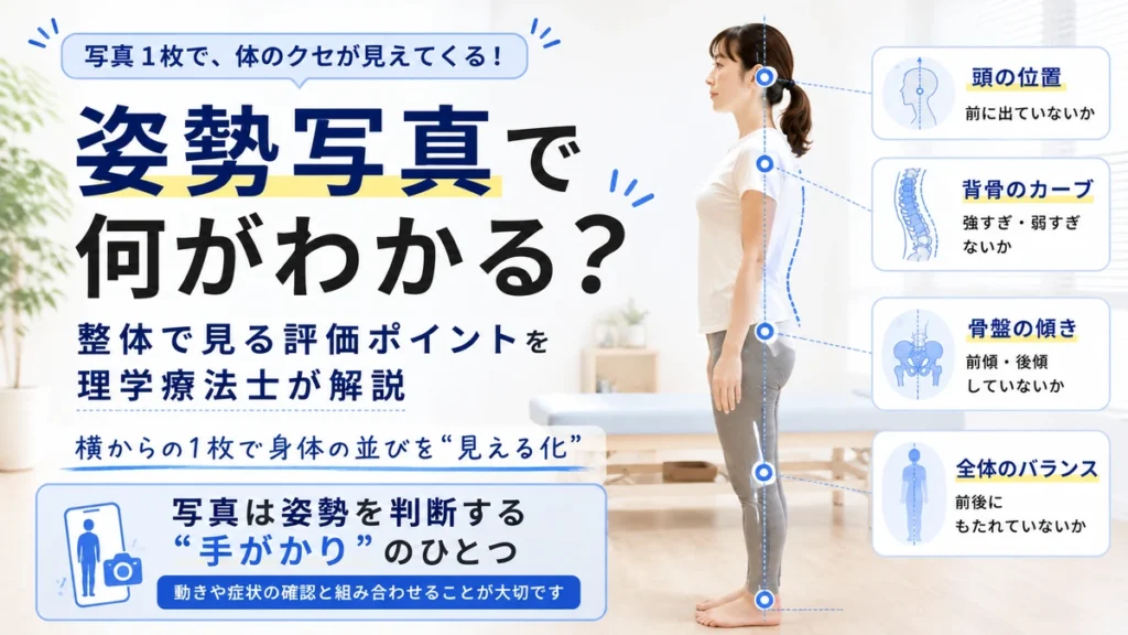 姿勢写真で頭の位置や背骨のカーブ骨盤の傾き全体のバランスを確認するポイントを示した画像