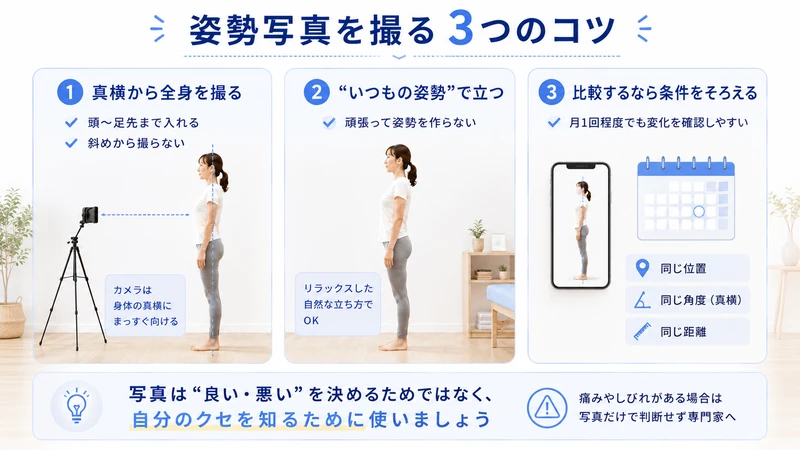 自宅で姿勢写真を撮るときの真横全身いつもの立ち方同じ条件の3つのコツを示した画像