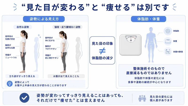 姿勢による見た目の変化と体脂肪や体重の減少は別であることを説明した図解