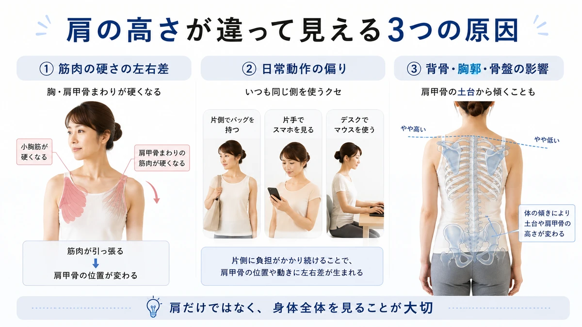 肩の高さが左右で違う原因として筋肉の硬さ・生活動作・姿勢を示した図