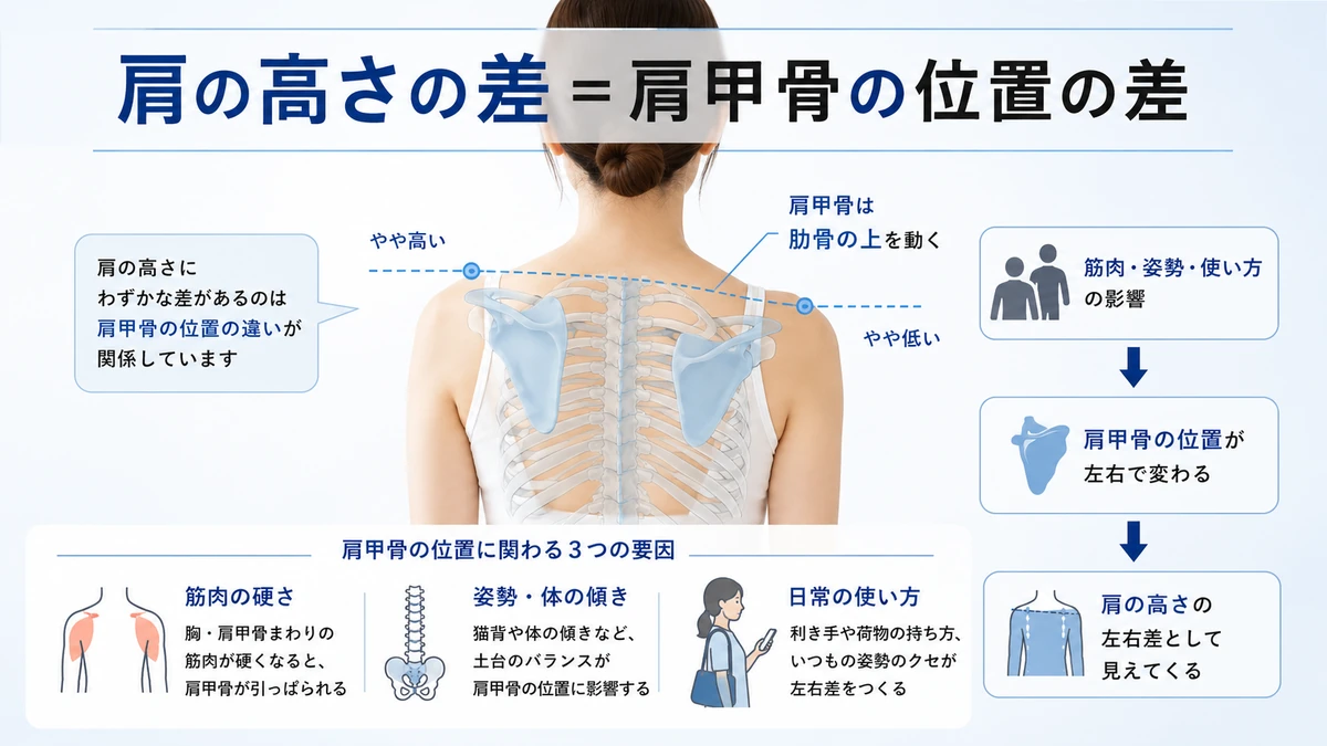 肩甲骨の位置の左右差によって肩の高さが違って見える仕組み