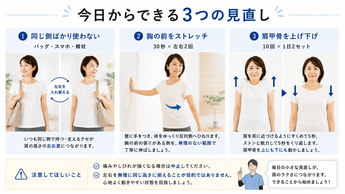 肩の高さの左右差に対する生活習慣の見直しと胸のストレッチ・肩甲骨運動