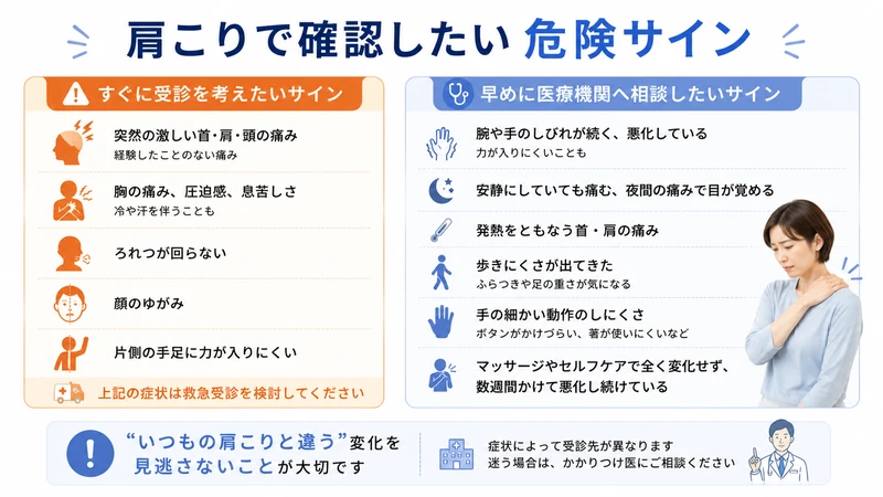 肩こりで救急受診や早めの医療機関受診を検討したい危険サインの一覧
