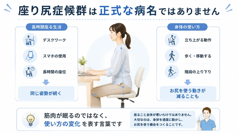 座り尻症候群は正式な病名ではなく長時間座る生活と身体の使い方の変化を説明した図解