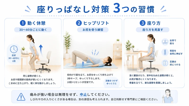 座りっぱなし対策として動く休憩やヒップリフトや座り方を紹介するセルフケア画像