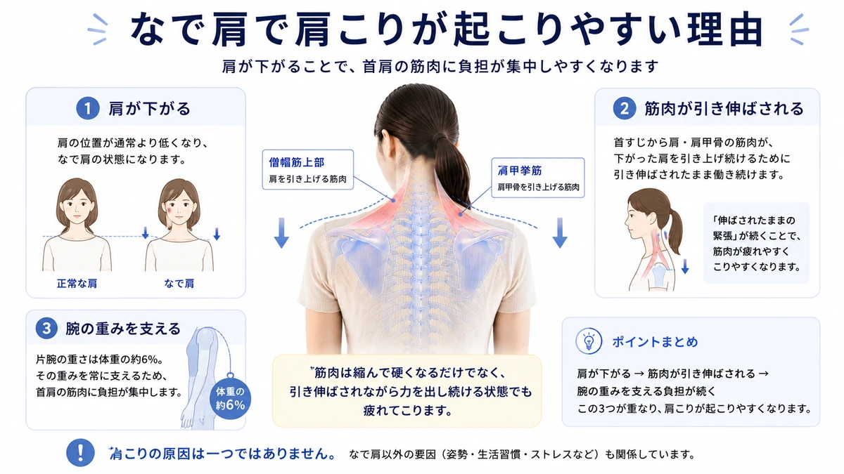 なで肩で肩が下がり首肩の筋肉が引き伸ばされる仕組み