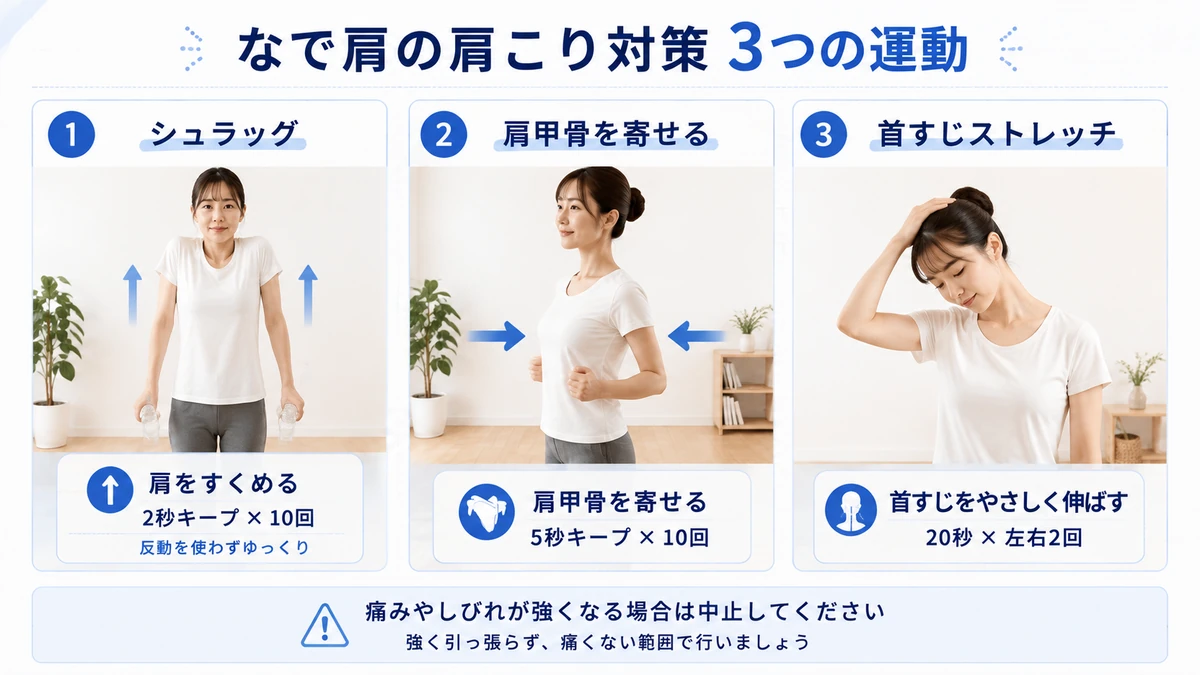なで肩による肩こり対策のシュラッグ肩甲骨運動首ストレッチ