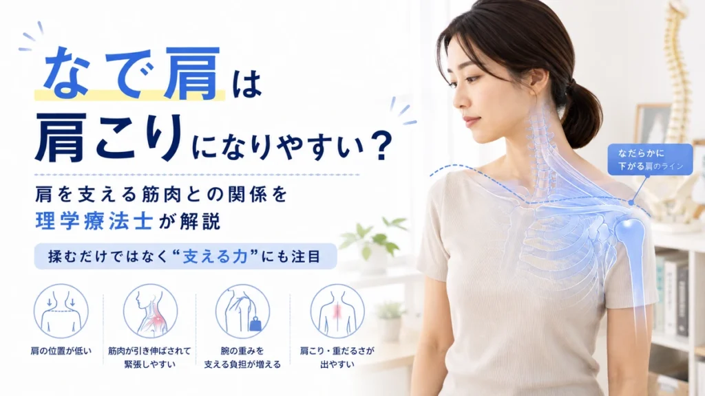 なで肩で肩こりに悩む女性と首肩の筋肉の関係を説明する医療教育画像