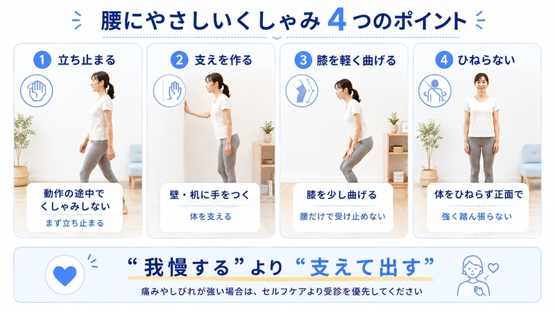 腰への負担を減らすくしゃみの立ち止まる支えを作る膝を曲げるひねらない4つの方法