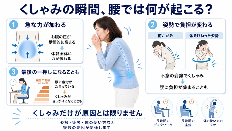 くしゃみの瞬間に腹圧が高まり前かがみやひねり姿勢で腰に負担がかかる仕組みの図解