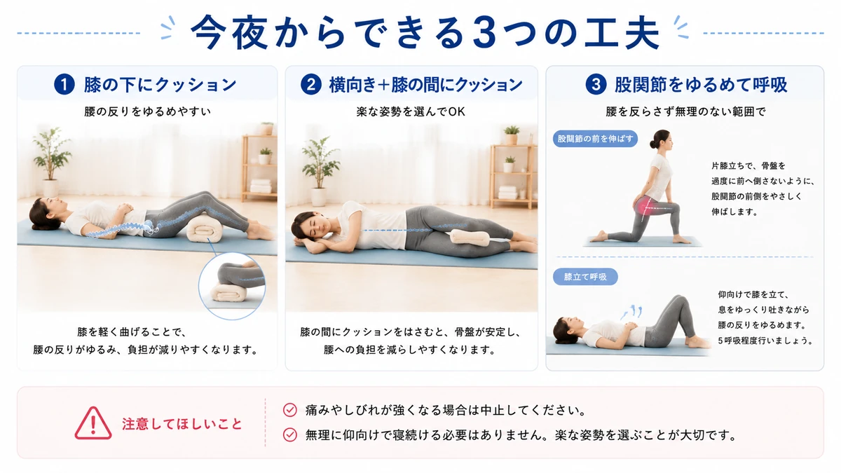 仰向け腰痛に対する膝下クッション・横向き寝・股関節ストレッチ方法