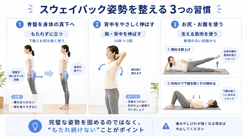 スウェイバック姿勢を整える立ち方と背中ストレッチとお尻腹筋運動のセルフケア画像