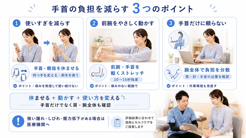 腱鞘炎の負担を減らす手首の休息前腕ストレッチ腕全体の使い方と理学療法士の評価を示す図解