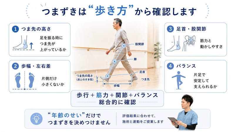 つまずきに対してつま先の高さ歩幅左右差足首股関節バランスを理学療法士が歩行評価する図解