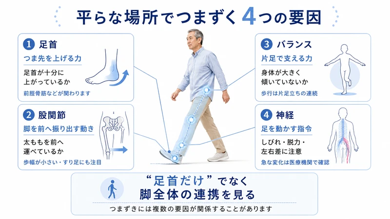 平らな場所でつまずく原因となる足首股関節バランス神経の4要因を示した図解