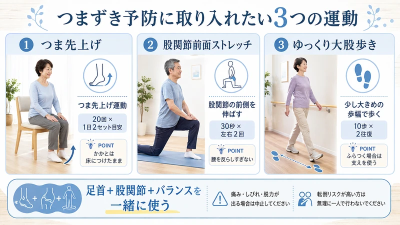 つまずき予防としてつま先上げ股関節ストレッチ大股歩きを行う3つの運動