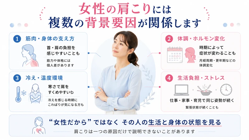女性の肩こりに関わる筋肉体調変化冷え生活負担ストレスの4つの背景要因を示した図解