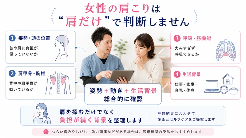 女性の肩こりに対して姿勢肩甲骨胸椎呼吸筋機能生活背景を理学療法士が評価する図解